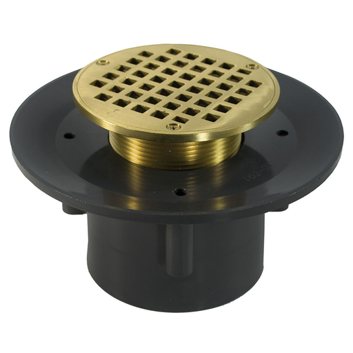 2" x 3" Heavy Duty PVC Slab Drain Base with 3-1/2" Metal Spud and 4" Polished Brass Strainer