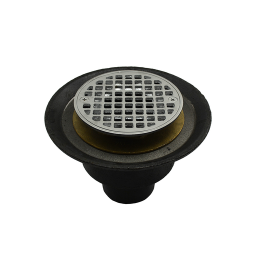 2" No Hub Shower Drain with Brass Threaded Clamping Ring with Brass Spud, 6-1/2" Pan and 4" Chrome Plated Round Cast Strainer