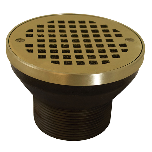 4" IPS Cast Iron Spud for Heavy Duty Drain Bodies with 6" Polished Brass Round Strainer with Ring - 3-1/2" Threaded Throat