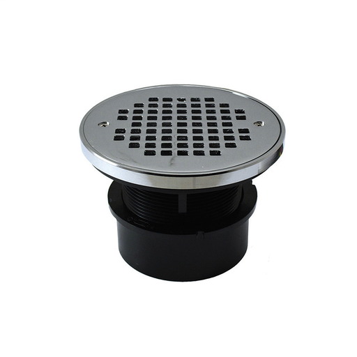 4" ABS Hub Fit Drain Base with 3-1/2" Plastic Spud and 6" Chrome Plated Strainer with Ring