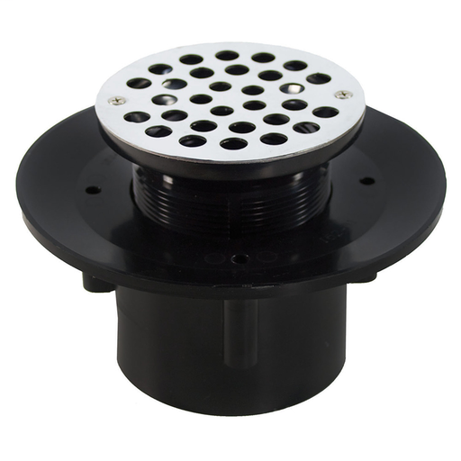 2" x 3" Heavy Duty ABS Slab Drain Base with 3-1/2" Plastic Spud and 6" Stainless Steel Strainer