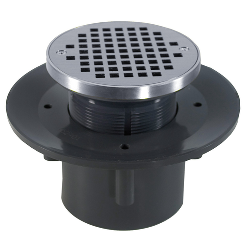 3" x 4" Heavy Duty PVC Slab Drain Base with 4" Plastic Spud and 6" Chrome Plated Strainer with Ring