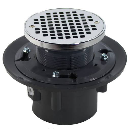 4" Heavy Duty PVC Drain Base with 3-1/2" Plastic Spud and 6" Chrome Plated Strainer with Ring