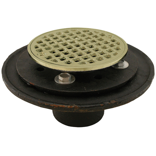 2" No Hub Shower/Floor Drain with 6-1/2" Pan and 6" Polished Brass Cast Round Strainer