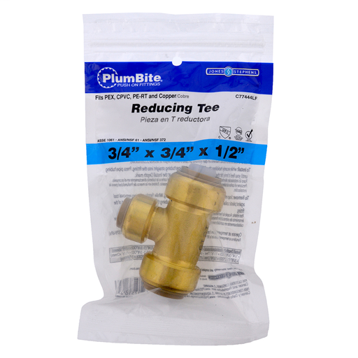 3/4" x 3/4" x 1/2" (Bagged) PlumBite Push On Reducing Tee, Lead Free