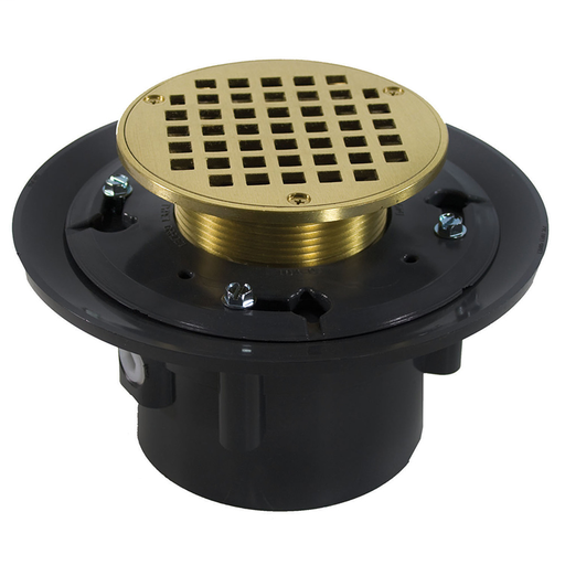 3" x 4" Heavy Duty PVC Drain Base with 3-1/2" Metal Spud and 6" Polished Brass Strainer