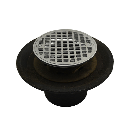 2" Inside Caulk Shower Drain with Brass Threaded Clamping Ring with Brass Spud, 6-1/2" Pan and 4" Chrome Plated Round Cast Strainer