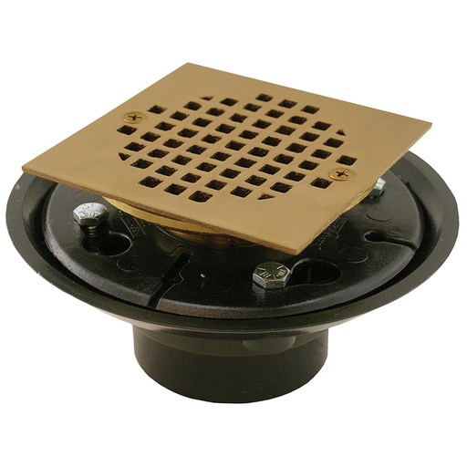 2" x 3" ABS Shower Drain/Floor Drain with Brass Tailpiece and 4" Polished Brass Square Strainer