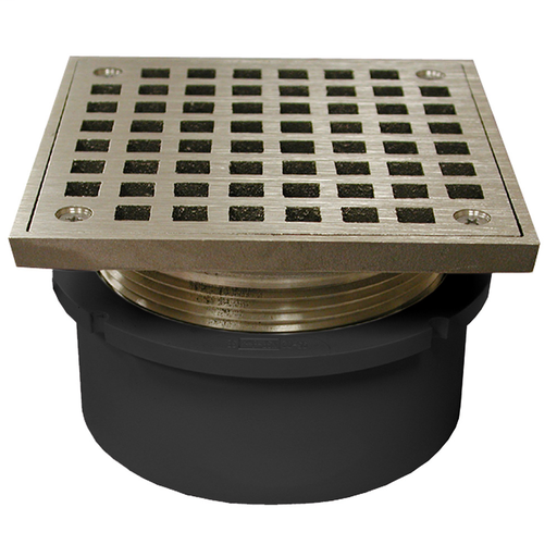 4" PVC Hub Fit Drain Base with 3-1/2" Metal Spud and 5" Nickel Bronze Strainer