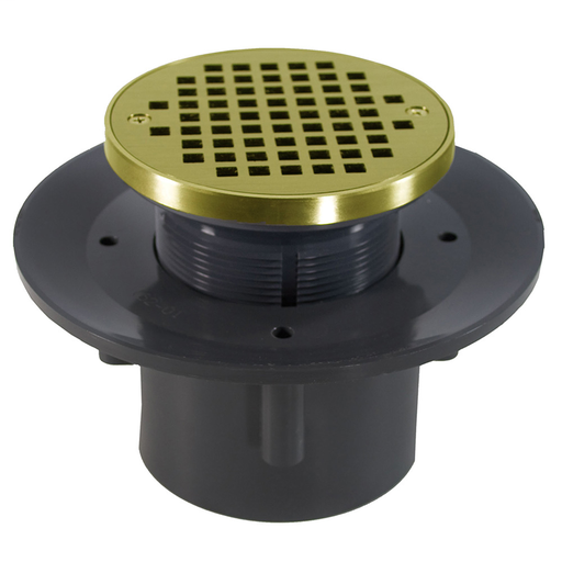 4" Heavy Duty PVC Slab Drain Base with 4" Plastic Spud and 6" Polished Brass Strainer with Ring