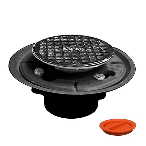 2" x 3" PVC Shower Drain/Floor Drain with Brass Tailpiece and 4" Stainless Steel Round Strainer with Test Plug