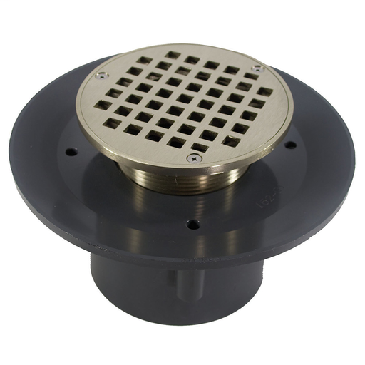 2" x 3" Heavy Duty PVC Slab Drain Base with 3-1/2" Metal Spud and 5" Nickel Bronze Strainer
