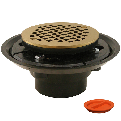 2" x 3" ABS Shower Drain/Floor Drain with 4" Polished Brass Cast Round Strainer with Test Plug