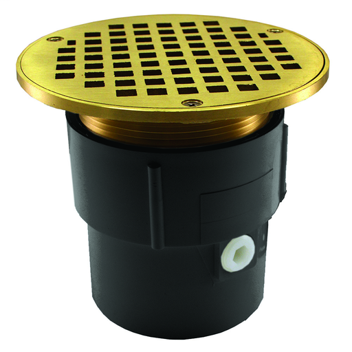 3" x 4" PVC Pipe Fit Drain Base with 3-1/2" Metal Spud and 6" Polished Brass Strainer