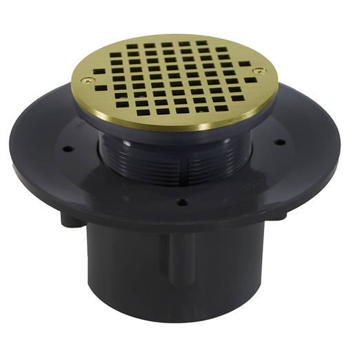 3" x 4" Heavy Duty PVC Slab Drain Base with 3-1/2" Plastic Spud and 6" Polished Brass Strainer