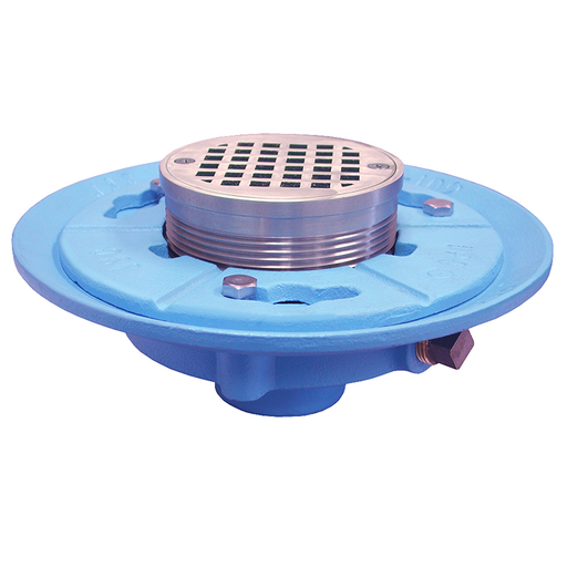 3" IPS Code Blue Floor Drain with 7" Pan and 5" Nickel Bronze Round Strainer - Height 2-7/8" - 4-1/2"