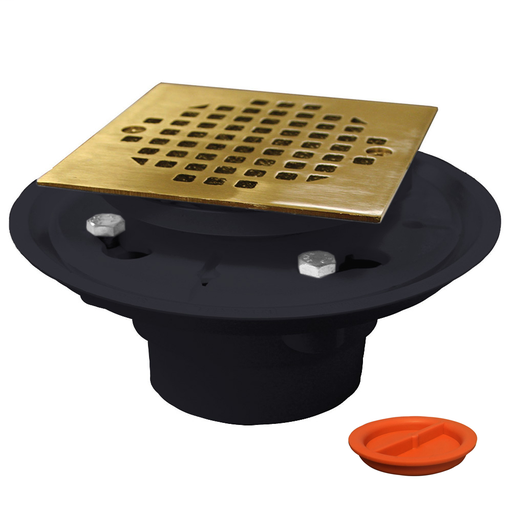 2" x 3" PVC Shower Drain/Floor Drain with Brass Tailpiece and 4" Polished Brass Square Strainer with Test Plug