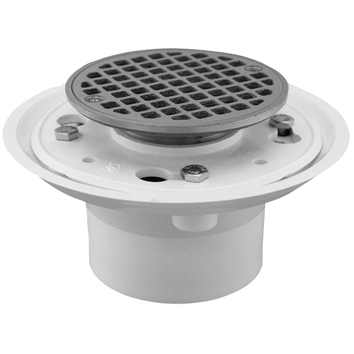2" PVC No Caulk Shower Drain with Brass Tailpiece and 4-1/4" Chrome Plated Round Strainer
