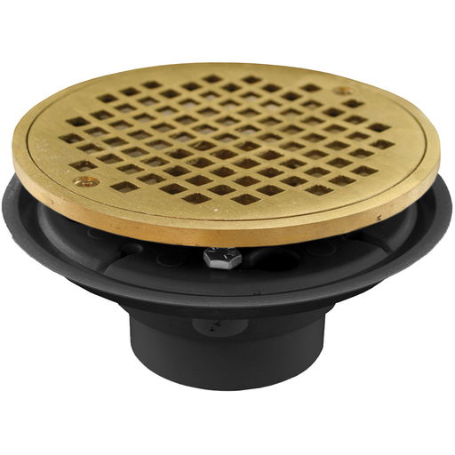 2" x 3" PVC Shower Drain/Floor Drain with Brass Tailpiece and 6" Polished Brass Round Strainer