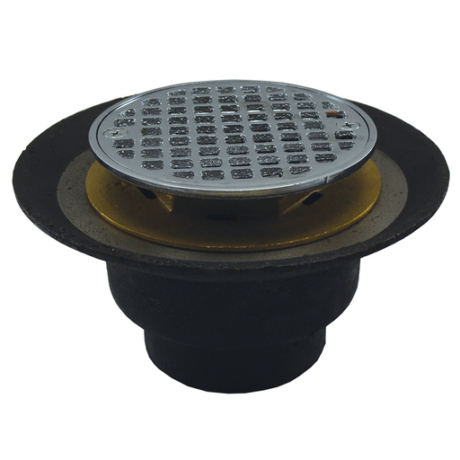2" IPS Shower Drain with Brass Threaded Clamping Ring with Brass Spud, 6-1/2" Pan and 4" Chrome Plated Round Cast Strainer