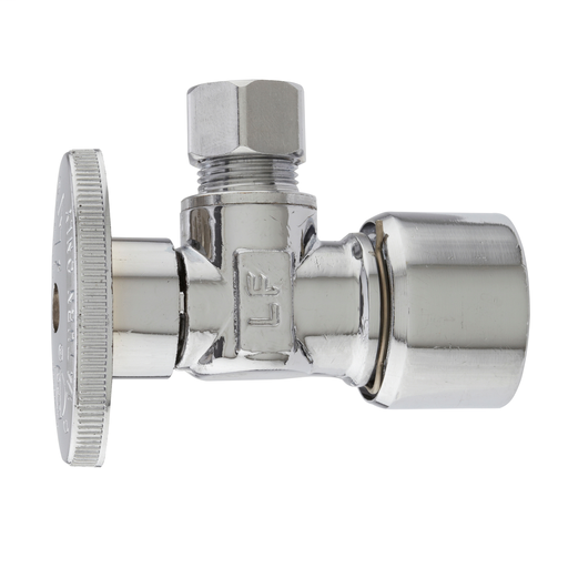 Brass Quarter Turn Quick Lock Push Fit Angle Valve - Chrome - 5/8in ODQuick Lock -(1/2in NOM COPPER / CPVC / PEX) X 3/8in OD - Lead Free