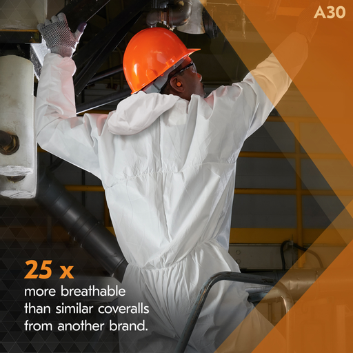 KleenGuard™ A30 Breathable Splash & Particle Protection Coveralls (46113), Zipper Front, Elastic Back, Wrists, Ankles & Hood, White, Reflex Design, Large (Qty 25)