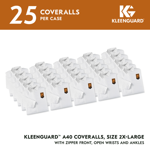 KleenGuard™ A40 Liquid & Particle Protection Coveralls (44305), Zipper Front, White, Reflex Design, 2XL (Qty 25)