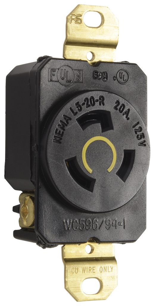 Pass & Seymour L520-R 20 Amp 125 VAC 2-Pole 3-Wire NEMA L5-20R Impact-Resistant Nylon Locking Single Receptacle Pass & Seymour L520-R 20 Amp 125 VAC 2-Pole 3-Wire NEMA L5-20R Impact-Resistant Nylon Locking Single Receptacle