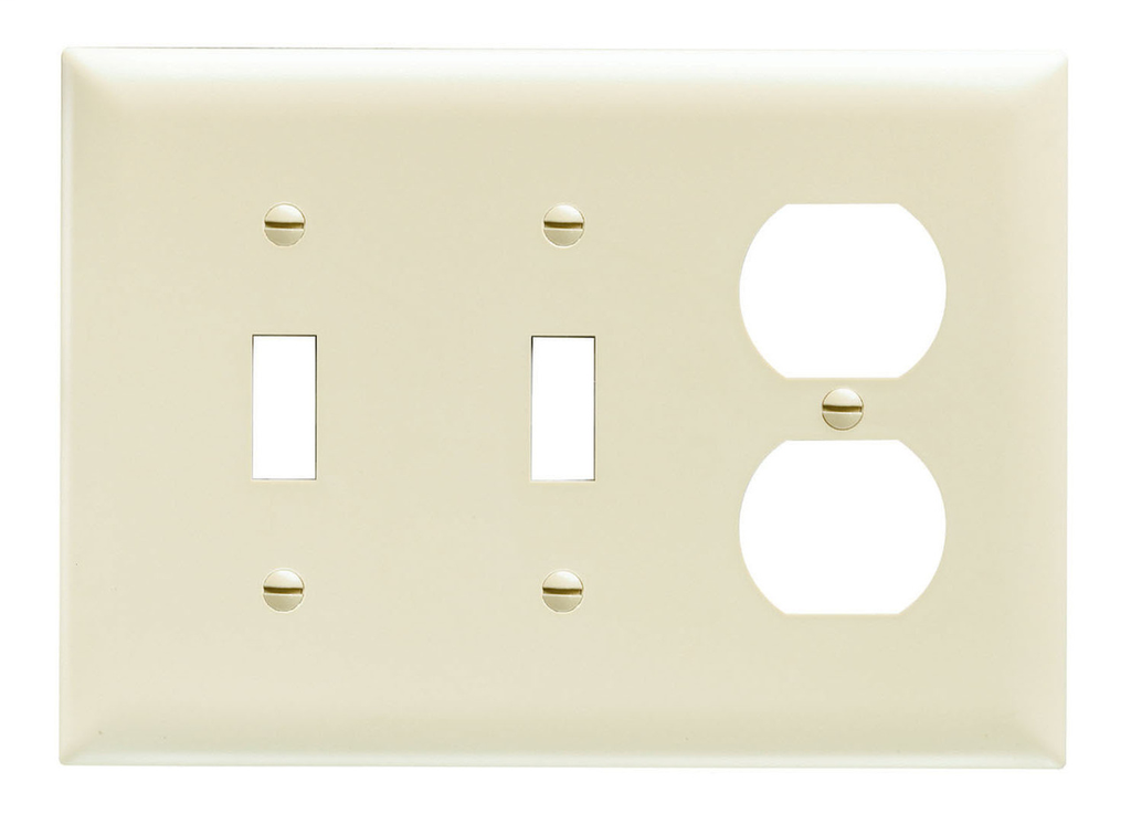 Pass & Seymour TP28-LA 3-Gang 2-Toggle Switch 1-Duplex Receptacle Light Almond Nylon Standard Combination Unbreakable Wallplate Pass & Seymour TP28-LA 3-Gang 2-Toggle Switch 1-Duplex Receptacle Light Almond Nylon Standard Combination Unbreakable Wallplate