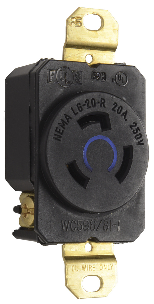 Pass & Seymour L620-R 20 Amp 250 VAC 2-Pole 3-Wire NEMA L6-20R Impact-Resistant Nylon Locking Single Receptacle Pass & Seymour L620-R 20 Amp 250 VAC 2-Pole 3-Wire NEMA L6-20R Impact-Resistant Nylon Locking Single Receptacle