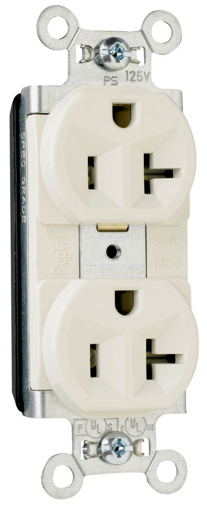 Pass & Seymour PT5362-LA 20 Amp 125 VAC 2-Pole 3-Wire NEMA 5-20R Light Almond Nylon Face PVC Back Body Duplex Receptacle Pass & Seymour PT5362-LA 20 Amp 125 VAC 2-Pole 3-Wire NEMA 5-20R Light Almond Nylon Face PVC Back Body Duplex Receptacle