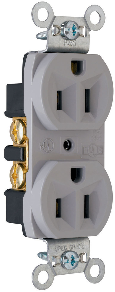 Pass & Seymour CRB5262-GRY 15 Amp 125 VAC 2-Pole 3-Wire NEMA 5-15R Gray Nylon Face Duplex Straight Blade Receptacle Pass & Seymour CRB5262-GRY 15 Amp 125 VAC 2-Pole 3-Wire NEMA 5-15R Gray Nylon Face Duplex Straight Blade Receptacle