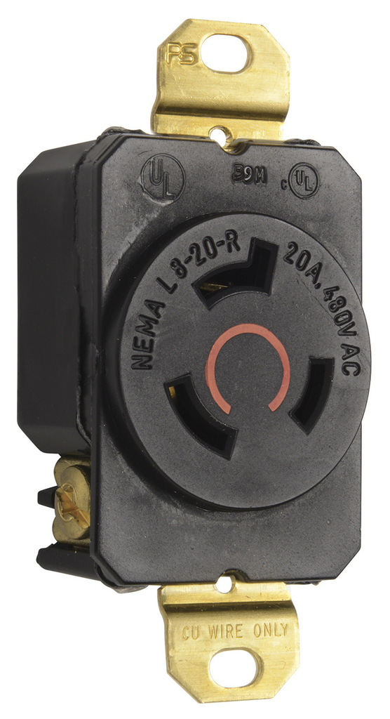 Pass & Seymour L820-R 20 Amp 480 VAC 2-Pole 3-Wire NEMA L8-20R Impact-Resistant Nylon Locking Single Receptacle Pass & Seymour L820-R 20 Amp 480 VAC 2-Pole 3-Wire NEMA L8-20R Impact-Resistant Nylon Locking Single Receptacle