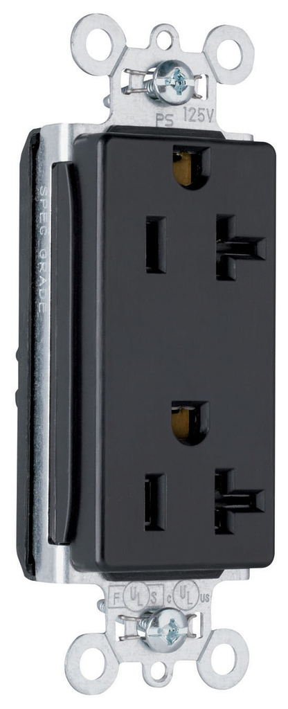 Pass & Seymour PT26352-BK PlugTail 20 Amp 125 Volt Black Duplex Decorator Receptacle Pass & Seymour PT26352-BK PlugTail 20 Amp 125 Volt Black Duplex Decorator Receptacle