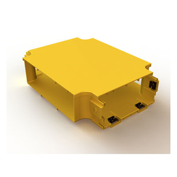 Mighty Mo Fiber Raceway, Horizontal Cross transition, with cover, 12" x 4" to 4" x 4", yellow