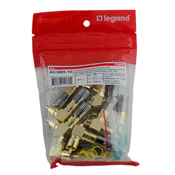 Product image for Pass & Seymour AC3005-10 Gold Compression-Style Right Angle Male RCA Connector, 10-Pack
