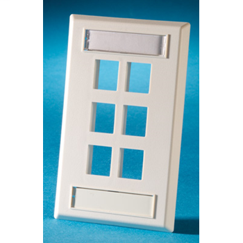 Single gang plastic faceplate, holds six Keystone jacks or modules, Fog White