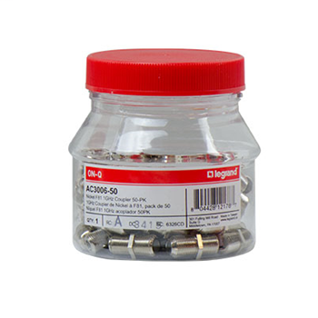 Product image for Pass & Seymour AC3006-50 1 GHz Nickel F-Type Coupler, 50-pack