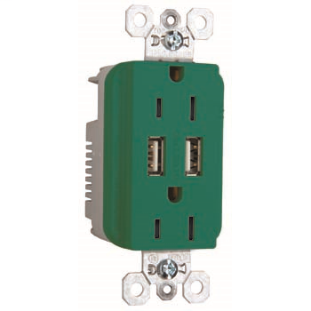 Fed Spec Grade USB Charger w/ Tamper-Resistant 15A Duplex Receptacles, Green