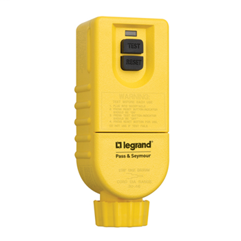 Product image for Pass & Seymour 1594-CMM Portable Ground Fault Circuit Interrupter, Right Angle Plug, 15A 125V, Manual Reset