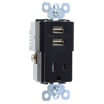 Product image for Pass & Seymour TM8-USBBKCC6 15/2.1 Amp 125 VAC Black Decorator Combination Switch and USB Charger