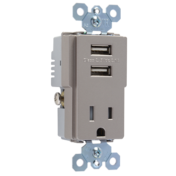 Product image for Pass & Seymour TM8-USBNICC6 15/2.1 Amp 125 VAC Nickel Decorator Combination Switch and USB Charger