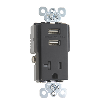 Product image for Pass & Seymour TR5361USB-BK 20 Amp Black Tamper Resistant Federal Specification Grade Receptacle with USB Charger