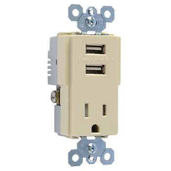 Product image for Pass & Seymour TM8-USBICC6 Decorator Combination Duplex 15A 125V Outlet w/ Two USB Chargers, Ivory