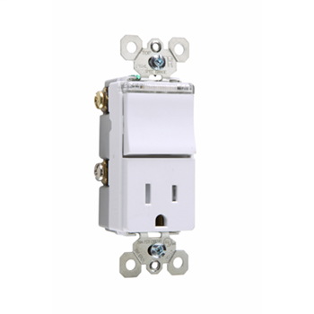 Product image for Pass & Seymour TM818TRPLWCC 15 Amp 120/125 VAC 1-Pole White Decorator Combination Switch/Single Receptacle with Pilot Light