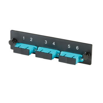 Product image for Ortronics OR-OFP-SCD06LC 6-Port Multi-Mode Aqua Ceramic Alignment Sleeve 3-SC Duplex Fiber Cabinet Adapter Panel