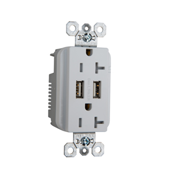 Fed Spec Grade USB Charger w/ Tamper-Resistant 20A Duplex Receptacles, White TR5362USBW
