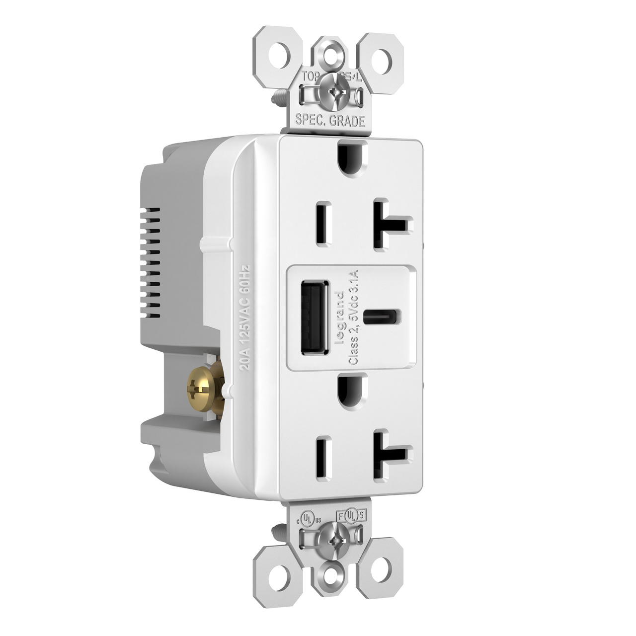 Image SPEC GRADE TYPE C USB CHARGING RECEPTACLE 20A WHITE 125V DUP TR REC+USBA USBC 3.1A