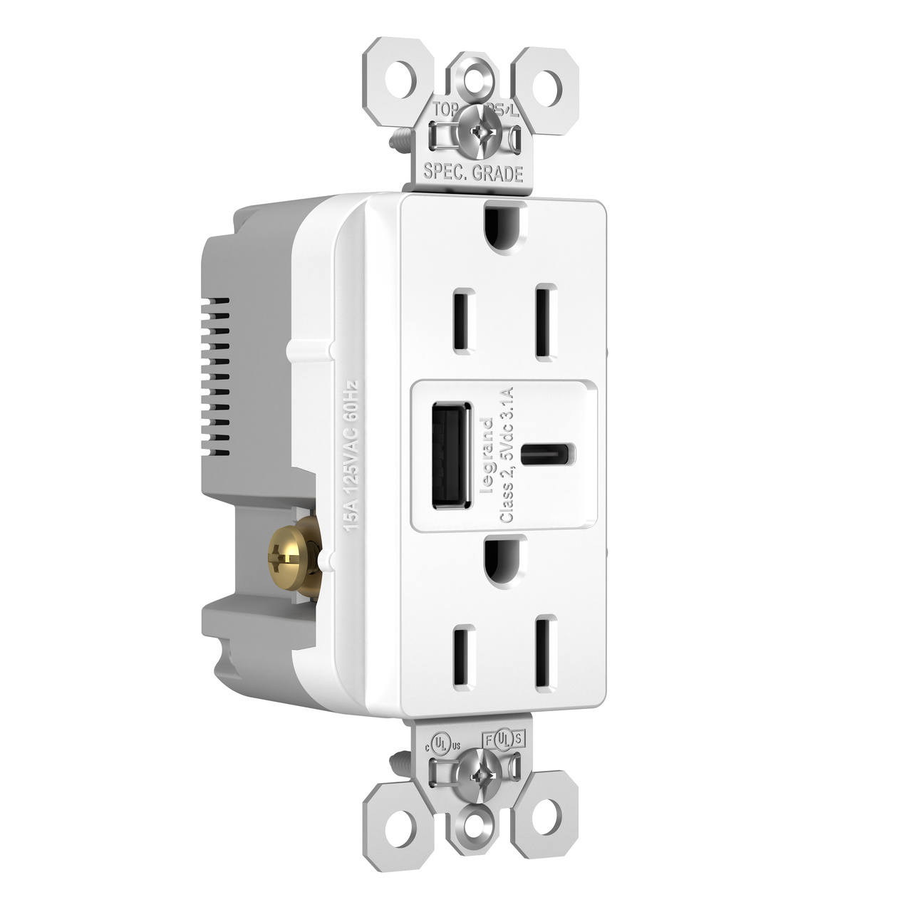 Image SPEC GRADE TYPE C USB CHARGING RECEPTACLE 15A WHITE 125V DUP TR REC+USBA USBC 3.1A