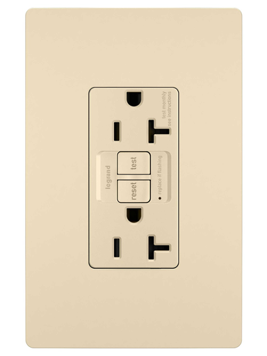 radiant® Spec Grade 20A Tamper Resistant Self Test GFCI Receptacle, NAFTA Compliant, Ivory